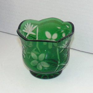 SOLD Green Cut to Clear Bohemian Crystal Votive Candle Holder Bowl Czech Glass